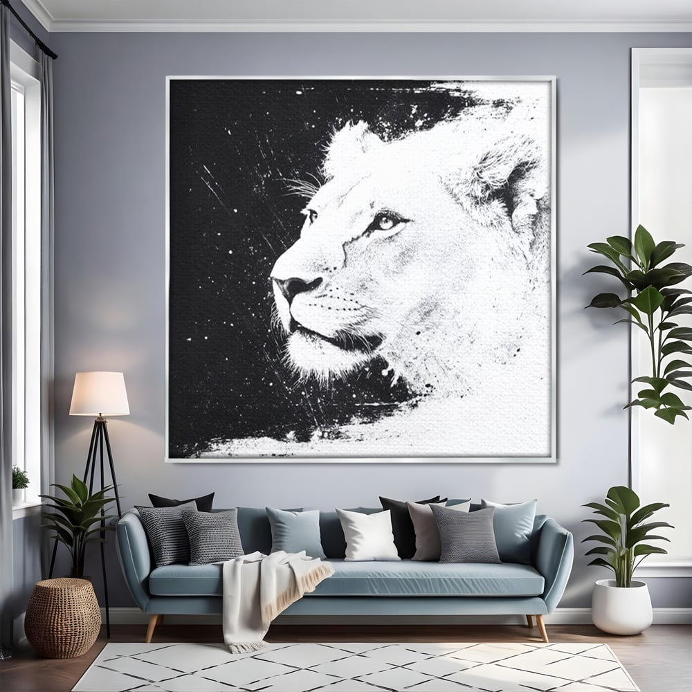 Tablou canvas cu tablou canvas cu leoaica in profil, in rama de aluminiu argintiu, pe perete intr-un living